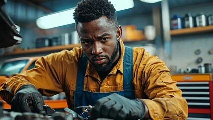 Dedicated Black mechanic working diligently to repair a car in a garage, demonstrating skill, expertise, and professionalism in automotive repair.