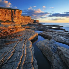 Majestic Coastal Landscape at Sunset with Rocky Shoreline and Dramatic Cliffs Bathed in Warm Golden Light and Soft Evening Clouds Over Serene Ocean Waves