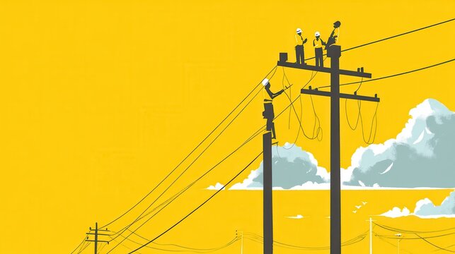 Workers on Telephone Poles Against Bright Yellow Background