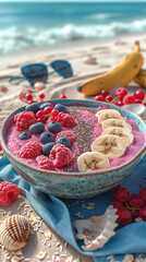 Tropical Smoothie Bowl with Fresh Berries and Banana on the Beach