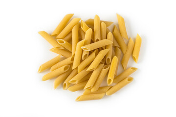 Top view of a raw italian durum wheat penne lisce pasta against a white background . Raw dry penne lisce pasta .