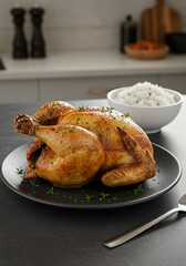 Perfectly roasted whole chicken with crispy golden skin served on a plate, ready for a delicious meal.