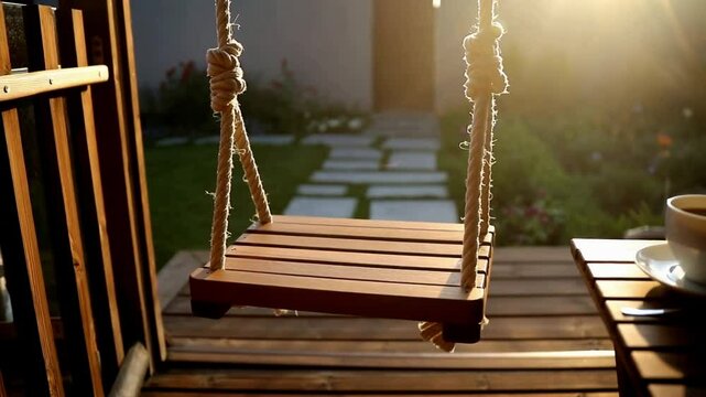 A Lo-Fi scene of a porch swing at dawn, with a rope creaking faintly, a mug of steam rising slowly