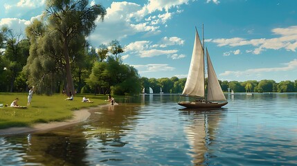 A classic sailboat gliding across a lake with people picnicking on the shore.