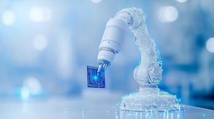 White Robotic Arm Manipulating Circuit Board With Glowing Particles In Blue Light