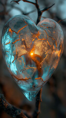 Fragile Cracked Glass Heart with Warm Light Inside