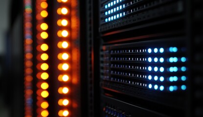 Obraz premium Close-Up of Illuminated Server Racks in a Data Center
