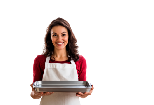Woman in apron holding a metal baking tray isolated on transparent background