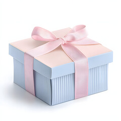 Obraz premium Elegant pale blue dessert box with pale pink lid and matching pink ribbon bow against a soft pastel background for confectionery presentations