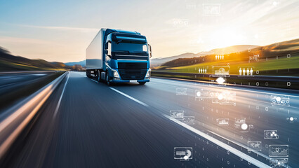 Fototapeta premium Futuristic freight transportation with high-speed truck on smart road