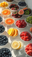 Assorted Fresh Fruits in Glass and Ceramic Bowls on a Minimalist White Table