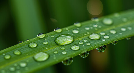 A close-up captures the intricate beauty of water droplets resting on a green leaf.