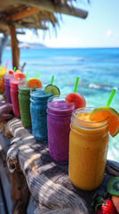 Colorful Tropical Smoothies in Mason Jars by the Ocean