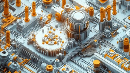 Isometric 3D design, engineering education visualization, complex arrangement of gears and cogs, conveying the rigorous study of technical disciplines at the university level.