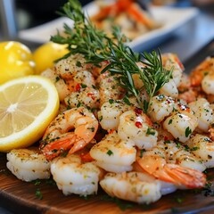 A lemon wedge served on a seafood platter, garnished with fresh herbs and spices.