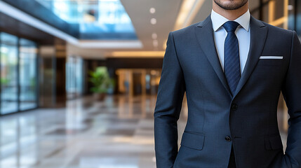 well-dressed man's chest in a sophisticated dark suit and tie, exuding elegance and style against a softly lit background, symbolizing confidence, professionalism, and refinement