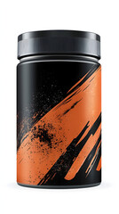 Sleek Black Protein Powder Jar with Vibrant Orange Athleisure Design Ideal for Energy, Sports Performance, Gym Fitness, and Nutritional Supplements Use
