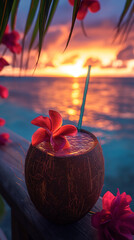 Tropical Sunset Coconut Drink with Flower Garnish