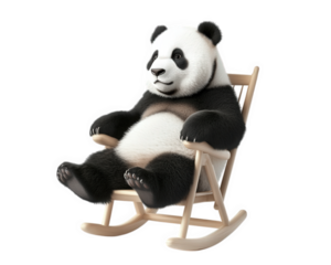 giant fluffy panda sitting comfortably on wooden rocking chair, exuding sense of relaxation and contentment. panda playful demeanor adds whimsical touch to scene