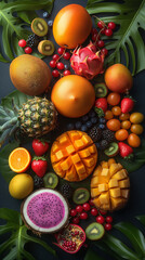Top-Down View of Vibrant Tropical Fruits on Monstera Leaves