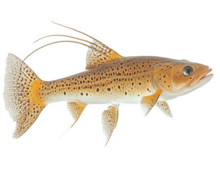 sleek and professional catfish with spotted pattern, showcasing its vibrant colors and detailed fins. This aquatic creature is perfect for microstock photography, capturing essence of underwater