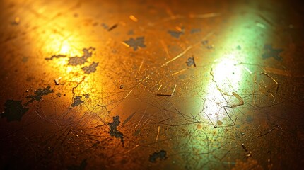Golden surface displays cracks and textures with light reflections