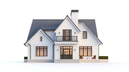 Minimalist approach to a traditional house smooth walls classic gable roof neutral tones soft lighting on white isolated background.  