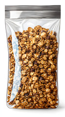 A transparent zip-lock bag filled with delicious golden-brown granola featu oats, nuts, and raisins on a clear white background for healthy snacks