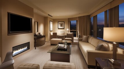 Modern living room interior, sleek wall-mounted TV above contemporary glass fireplace, neutral color palette, warm ambient lighting, minimalist furniture, clean architectural lines, soft textured