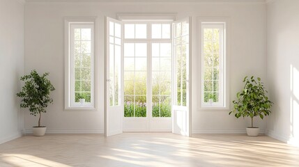 Obraz premium Minimalist living room with white French doors slightly ajar revealing bright and airy veranda natural light high-key tone. 