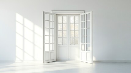 Minimalist living room with white French doors slightly ajar revealing bright and airy veranda natural light high-key tone.  