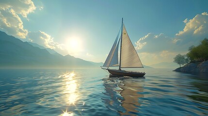 Fototapeta premium A classic sailboat gliding across a lake with the sun sparkling on the water.