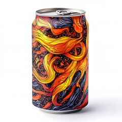 Vibrant Craft Beer Can Featu Hand-Drawn Fiery Flames Design in Artistic Swirling Pattern Against Dark Background with Intricate Detail Highlighting Creativity