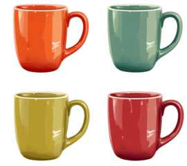 4 coffee mugs, in a color palette of red, orange, green, and blue, with a transparent background png