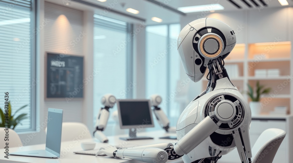 Poster robot works at a computer in a modern office space