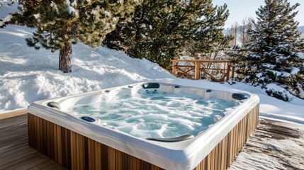 Relaxing Hot Tub in Winter Landscape with Snowy Background
