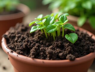 Detailed close-up of fresh soil filling a ceramic pot, showcasing rich texture and earthy tones for botanical use.