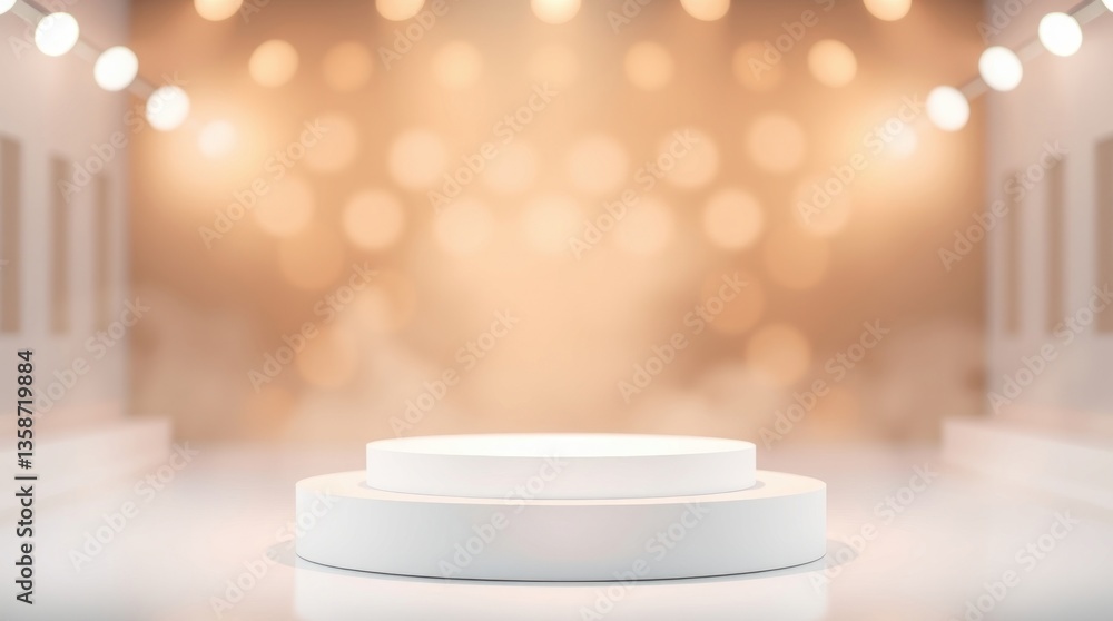 Poster minimalist white podium stands on a platform with bokeh background
