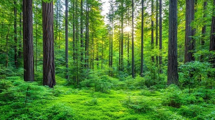 Obraz premium A Lush Green Forest With Sunlight Piercing Through The Trees