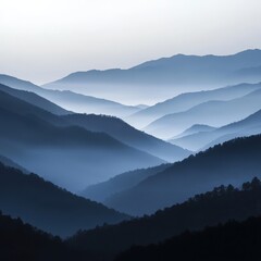 Fototapeta premium Serene Mountain Landscape at Dusk with Layered Blue and Gray Shades Creating a Tranquil Atmosphere for Nature Lovers and Adventurers Seeking Peaceful Retreats