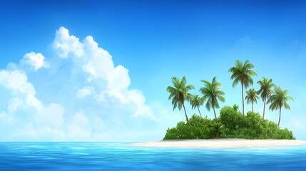 Fototapeta premium Beautiful Tropical Island Paradise Lush Palm Trees, White Sand Beach, and Azure Ocean
