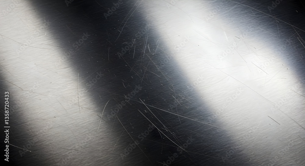Poster the image shows a cool toned metallic surface with numerous scratches, creating a reflective gray te