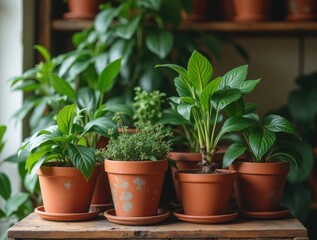 Fototapeta premium Cluster of potted plants with earthy greens on a wooden shelf, rustic style for a happy indoor vibe.