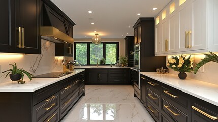 Modern kitchen with bold black cabinets and sleek white uppers accented by golden fixtures marble tiles add texture and elegance. 