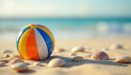 Obraz premium Colorful beach ball on sandy shore with seashells, summer fun