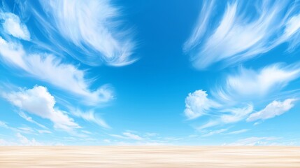 Obraz premium Bright Blue Sky With Fluffy White Clouds Over Light Brown Wooden Surface