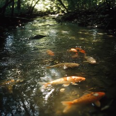 Serene Stream with Colorful Koi Fish Swimming Gracefully Beneath Sunlit Canopy of Lush Green Foliage, Capturing the Essence of Tranquility in Nature