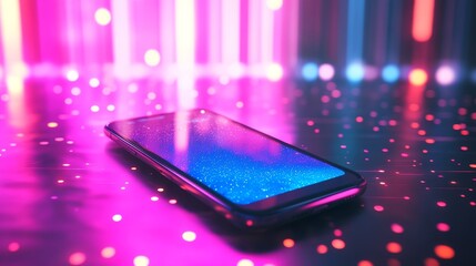 3D smartphone display on a glowing light background with abstract beam flare textures, creating a futuristic app mockup scene.