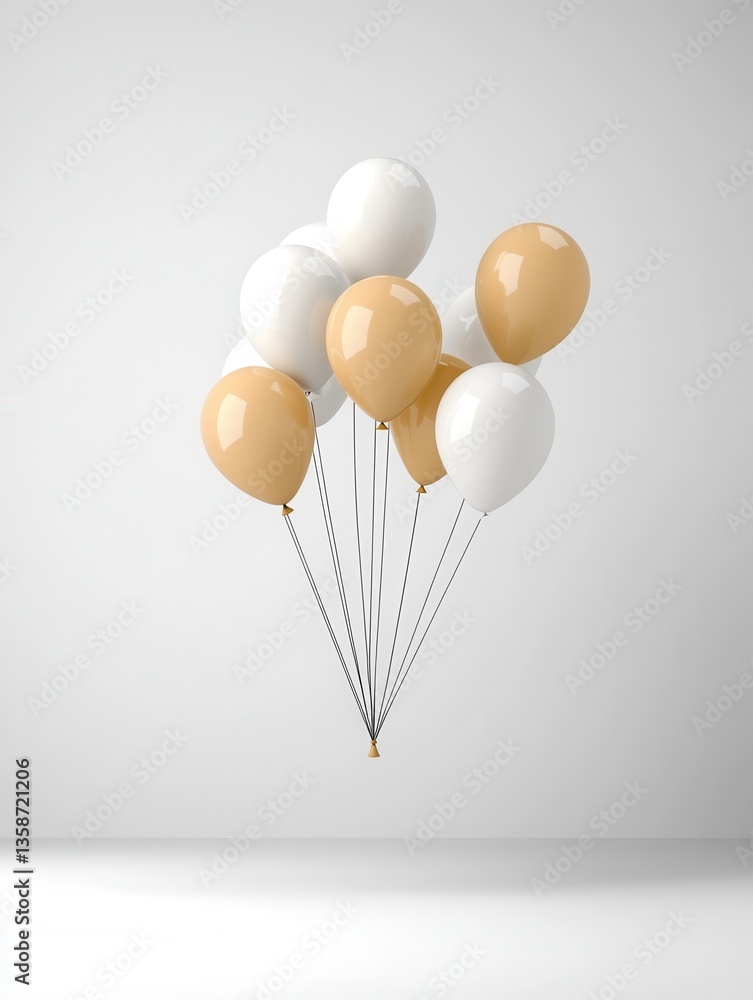 Poster floating white and yellow balloons against a plain background in a minimalist studio setting the bal