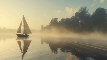 A classic sailboat gliding across a misty lake in the early morning.
